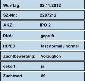 Wurftag:                02.11.2012 SZ-Nr.:                   2287212 AKZ :                     IPO 2                      DNA:                         geprüft                          HD/ED                       fast normal / normal Zuchtbewertung:     Vorzüglich   gekört :                     ja  Zuchtwert                 89