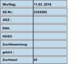 Wurftag:                   11.03. 2016                    SZ-Nr.:                      2324262           AKZ :                                           DNA:                                                   HD/ED Zuchtbewertung:          gekört : Zuchtwert                   85